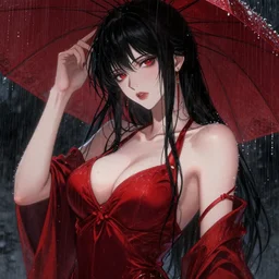 beautiful seductive female goddess, in the rain, highly detailed, painting, dark red and black color palette, intricate, high quality anime artstyle, in the style of sana takeda