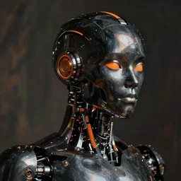 photorealistic portrait humanoid metallic black robot, orange accents
