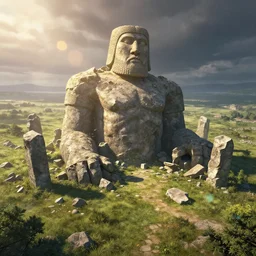 wide view of a field surrounding the ruins of a fallen stone titan, Greg Rutkowski, dramatic lighting, airborne camera, lens flare, beautiful lighting, stone colossus remains