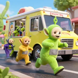 iconic zombie teletubbies, getting run over by an ice cream truck, 3 d octane render, epic composition, amazing detail, zombie teletubbies running away from ice cream truck, hdr, octane 3 d render, pixar style