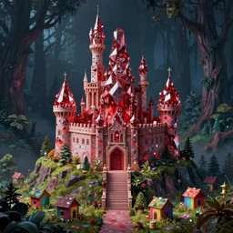 of a beautiful big scary Hyperrealistic castle made of red diamonds on top of a hill in the middle of a dark and creepy forest with little rainbow colored shack houses at the lower regions, macro lens, highly detailed, digital painting, trending artstation, concept art, illustration, cinematic lighting, vibrant colors, photorealism, epic, octane render