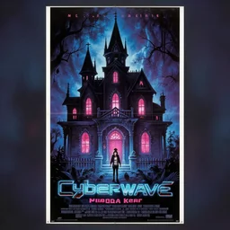 a movie poster, movie poster, 1980, cyberwave, movie poster, horror movie staring miranda kerr, haunted house themed, by synthwave cyberwave