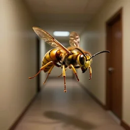 Giant golden nuclear hornet, giant hornet, size of a bear, flying through hallway, it kills you instantly, super 8mm photograph