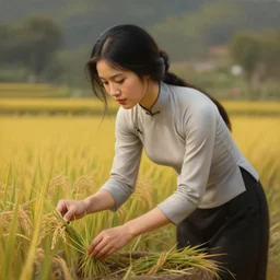 beautiful oil matte portrait painting, vietnamese woman of an elevated rice field tending to her work, wonderful masterpiece highly detailed, beautiful cinematic light deep focus, elegant, digital painting, smooth, sharp focus, golden ratio, dramatic illumination, ultra realistic, 8 k, art by artemisia lomi gentileschi and caravaggio
