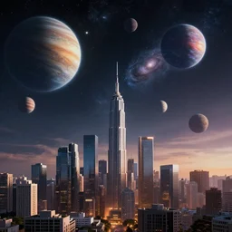 skyline with planets and galaxies, 4k, HDR, award-winning,landscape, octane render, artstation