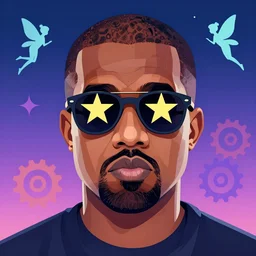 portrait of kanye west sunglasses stars in the sky ( fairies ) detailed face enchanted psychedelic vector art illustration gears of war cell shaded illustration gta 5 artwork of kanye west in the style of gta 5 loading screen, by stephen bliss by hieronymus bosch and frank frazetta