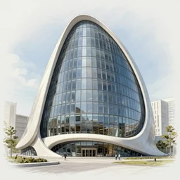 modern beautiful Saha Hadid building with lots of glass and cured surfaces, hypermaximalistic, high details, sketchup, pencil sketch