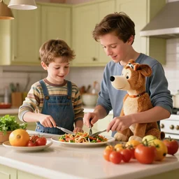 Stuart Little and Remy on the kitchen counter making dinner, 4k, cinematic, bright, colorful, food photography