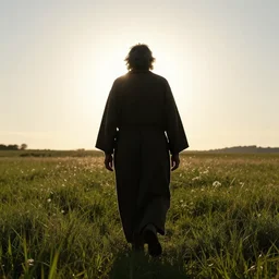 old prophet wandering about a meadow. silhouetted. harsh sunlight. radiant glow. color. backlighting. iso 1 5 0