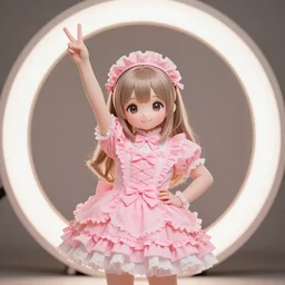 Vladimir Putin wearing a cute pink frilly dress holding up a peace sign, kawaii, cute pose, anime pose, feminine girly dress, adorable, well lit, ring lit, raytraced, flickr, high quality photograph