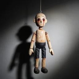 a marionette puppet hanging limp with blood running from his eyes, by rutkowski, highly detailed, stark light and shadows
