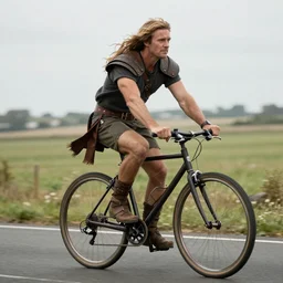 Conan barbarian ride bycicle, photorealistic