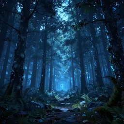blue forest, glowing, unreal engine 5, raytracing, hyperreal, digital art, highly detailed, artstation