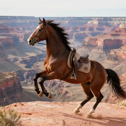 spirit untaimed, horse from the movie next to a canyon riding in the sunset, movie poster, 8 k, trending on artstation, global illumination, volumetric shadows