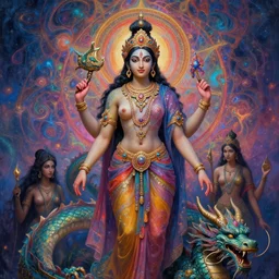 sublimely attractive hindu vishnu barely clothed female goddess dragon born assassins of the mystic unity, mayan jewelry, see through colorfull clothing, psychedelic fractal background, illustrative character design, concept art, tales of earthsea, sky witch, colorful, matte painting, soft illumination, painting by gaston bussiere, craig mullins, j. c. leyendecker, tom of finland