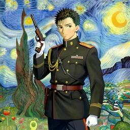 beautiful anime god dressed as a military officer holding a gun, well - rendered, extra crisp, illustration pattern background with bizarre compositions and blend of flowers, fruits, birds by beto val painted by van gogh