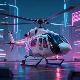 photorealistic cyperpunk helicopter, neon buildings in the background