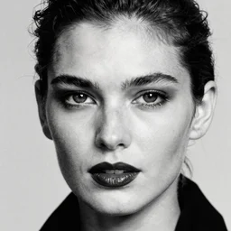 black and white 1 9 9 3 vogue magazine closeup photo portrait of an unusually attractive female fashion model, dark lipstick, by herb ritts