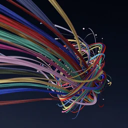 trillions of thin ribbons of colorful fabric unravel, twist, and whirl strangely in strong winds across a dark night sky, unreal engine