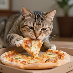 Professional photography of a Cat eating pizza