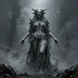 post symbolist lilith the mother of all monsters angry, raining ash, fine art masterpiece, highly detailed dino valls wayne barlowe machiej kuciara, dramatic lighting, long shot, wide angle, uhd 8 k, sharp focus