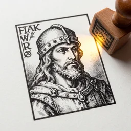 medieval character stamp in medieval style by frank godwin and moebius, ink outline, charcoal on paper, exlibris, rubber stamp