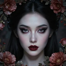 dark fairy queen closeup face surrounded by floral frame, art by luis royo and walter crane and kay nielsen, watercolor illustration, sharp focus