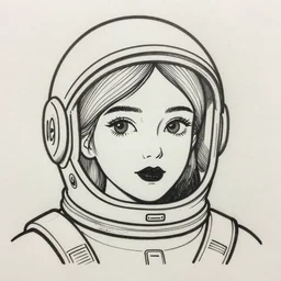ink lineart drawing of a beautiful young woman wearing a space helmet, dark lips, round eyes, space background, artstation, etchings by goya, chinese brush pen, illustration, high contrast, deep black tones contour