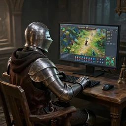 a middle age knight sitting in front of a pc playing stronghold, 8 k, trending on artstation, ultimate octane render