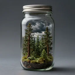 A photo of a tiny forest inside a jar,dark clouds inside the jar, studio photo, highly detailed,studio lighting