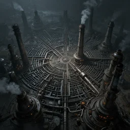 futuristic dystopian endless, intricate, complex, labyrinthine, byzantine, tangled, industrial complex, smokestacks, pipelines and ducts and vents, landscape painting, steampunk, smoke, night, gloomy, dark, dramatic, cinematic, volumetric lighting, gods eye view, trending on art station