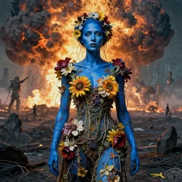 A portrait of a woman wearing clothes made out of dying flowers, nuclear explosion in the background, Masterpiece, blue skin, glowing, wires everywhere, by Edgar Maxence and Ross Tran, Zdzisław Beksiński, and Michael Whelan, distant, gustav dore, H.R. Giger, 8k, octane render