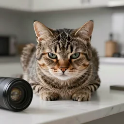 Cat looking extremely angry and frowning, on kitchen table, 40nm lens, shallow depth of field, split lighting, 4k,