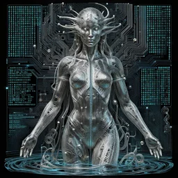 water deity by jeffrey smith and wlop and gustave dore, featuring rhodium wires, circuitry, code, binary, cryptonomicon, dmt entity, ambient occlusion, 3 d concept render, scientifically accurate, artstation, intricate, beautiful, look at that detail!