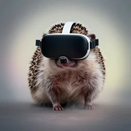 hedgehog in vr helmet, fog ambient, color gradient, radial blur, picasso style
