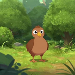 new zealand native bush, scene from a disney animated movie, cute kiwi bird in the center of the scene