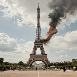 a giant foot coming down from the sky trampling on paris. perspective from the ground. 4K documentary photo