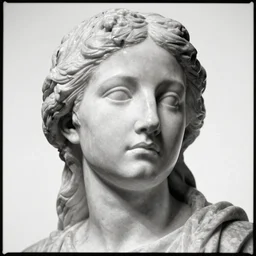 analog photograph portrait of a marble statue looking sad, film grain, 8k, sheen, gloss, greyscale, white background