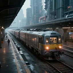 photo of Immense industrial futuristic cargo train arrives at cyber punk city station, cinematic lighting,
