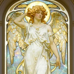 full figure art nouveau window depicting a male angel with curly blond hairs, dressed with fluent clothes, majestic wings, luminous halo, by alfons mucha, d & d character, gradient white to gold, in front of an iridescent background, highly detailed portrait, digital painting, artstation, concept art, smooth, sharp focus, illustration, artstation hq
