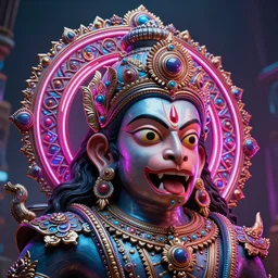 high quality 3 d render post - rococo cyberpunk hanuman! head shri ram centre, neon madhubani, open mouth, highly detailed, in sci - fi new delhi, cinematic smooth unreal engine, lee madgwick & liam wong, dramatic light, long shot, low angle, uhd 8 k, sharp focus
