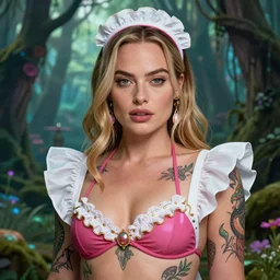 Margot robbie as a beautiful tattooed female maid wearing a magical bikini in a magical forest, detailed face, realistic face, piercing gaze, fantasy art, in the style of artgerm, illustration, epic, fantasy, intricate, hyper detailed, artstation, concept art, smooth, sharp focus, ray tracing, vibrant