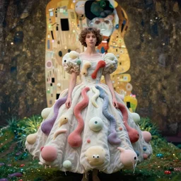 absurdist wiggly blob in a dress, highly detailed, cam de leon & john j. park, cinematic light, klimt, medium shot, ground angle, uhd 8 k, shallow depth of field