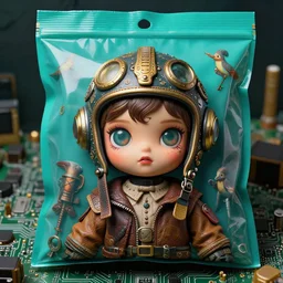 hyperrealistic detailed higher angle portrait of a cute character in ornate fighter pilot helmet, background turquoise plastic bag, in a scenic circuitboard environment, rich deep colors, ultra detail, by francis bacon, james ginn, petra courtright, jenny saville, gerhard richter, zdzisaw beksinski, takato yamamoto. masterpiece, elegant fashion studio ighting 3 5 mm