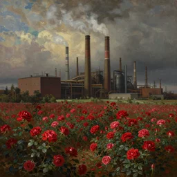 a beautiful painting of a factory with smoking chimneys, red rose fields, dark style, little roses, very detailed, soft light effect, stable pipeline, super wide, big scene, by albert bierstadt, 4 k hd, trending on artstation ， ultrawide viewn and highly detailed, ultrawide lens, very high detailed