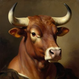 bull headed human mugshot by leonardo da vinci, brown skin, classical painting, digital painting, romantic, vivid color, oil painting