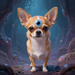 a chihuahua with a third eye living in an extradimensional reality, in the style of wlop, illustration, epic, fantasy, hyper detailed, smooth, unreal engine, sharp focus, ray tracing, physically based rendering, renderman, beautiful