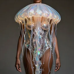brown woman wearing a jellyfish armor. iridiscent. super detailed. layered. textured. award winning. dispersion of light. refracted lighting. soft. fragile. by ray caesar. by louise dahl - wolfe. by andrea kowch. by tom bagshaw. surreal photography