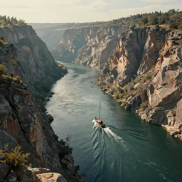 lonely frigate sailing a high cliffed river, exquisite, volumetric lighting, 8 k octane beautifully detailed render, post - processing, extremely hyper - detailed, intricate, epic composition, cinematic lighting, masterpiece, trending on artstation, stunning art by andrey surnov, by alphonse mucha, beautiful cinematic light