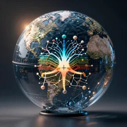 double exposure of a globe and a schematic of an machine learning illustration of layered deep learning neural network